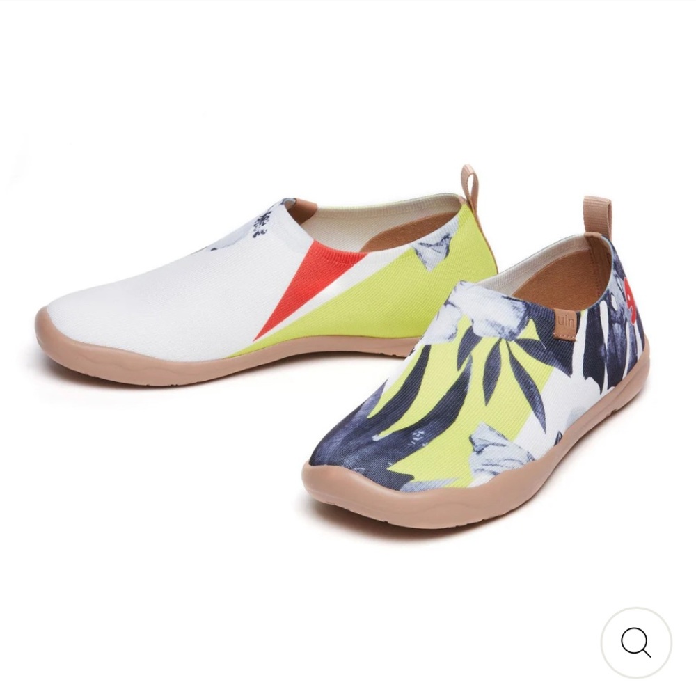 UIN Slip-On Shoes - White, Green, Blue “Hibiscus in full bloom Toledo” print.